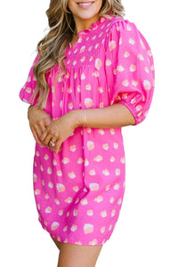 Bright Pink Spotted Print Puff Sleeve Smocked Mini Dress