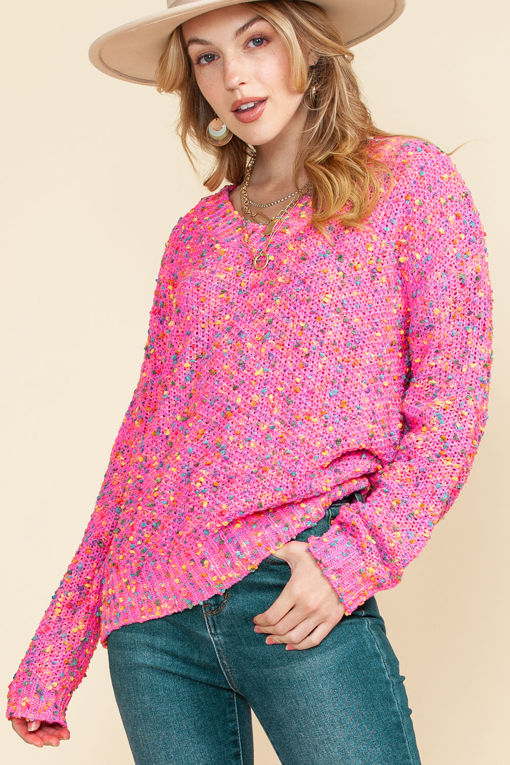 Hot Pink Mixed Color Chunky Knit Sweater