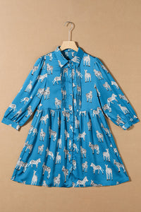 Blue Zebra Print Ruched Babydoll Dress