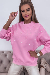 Pink Pearl Decor Ribbed Contrast Round Neck Sweatshirt