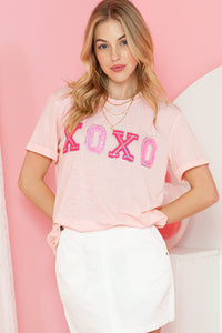 Pink XOXO Letter Printed Roll Up Sleeve Graphic Tee