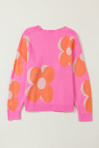 Pink & Orange Floral Cable Knitted Sweater