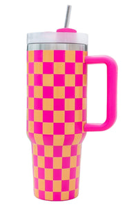 Ginger Pink Checkered Print Handled Stainless Steel Tumbler Cup