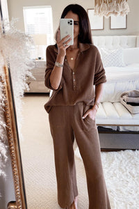 Pink Ribbed Henley Shirt and Wide Leg Pants Loungewear Set