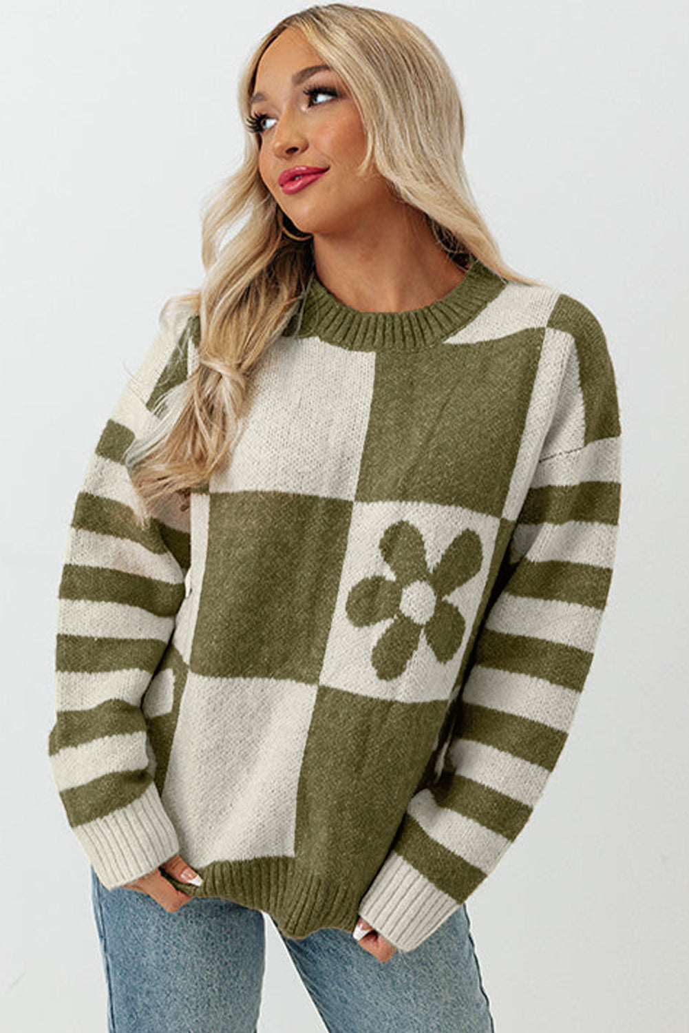 Pink Checkered and Striped Knitted Pullover Sweater