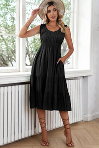 Black U-Neck Sleeveless Ruched Tiered Ruffled Midi Dress