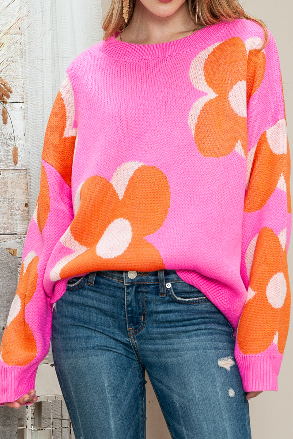 Pink & Orange Floral Cable Knitted Sweater