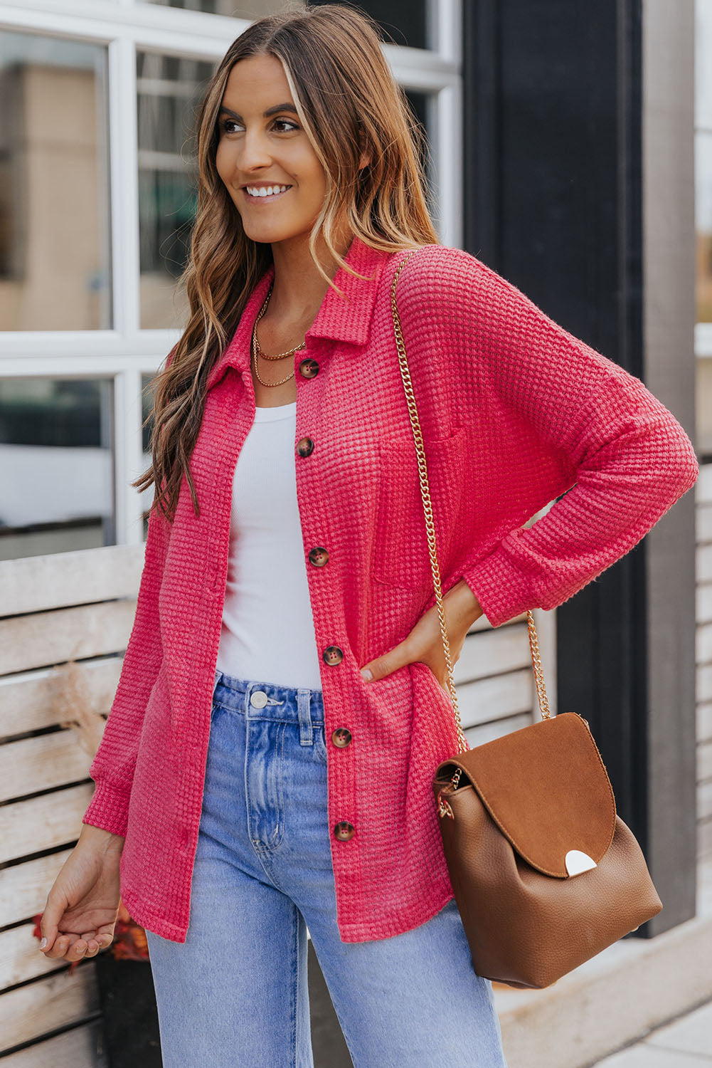 Hot Pink Pocket Buttons Front Waffle Knit Shacket