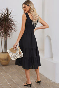 Black U-Neck Sleeveless Ruched Tiered Ruffled Midi Dress