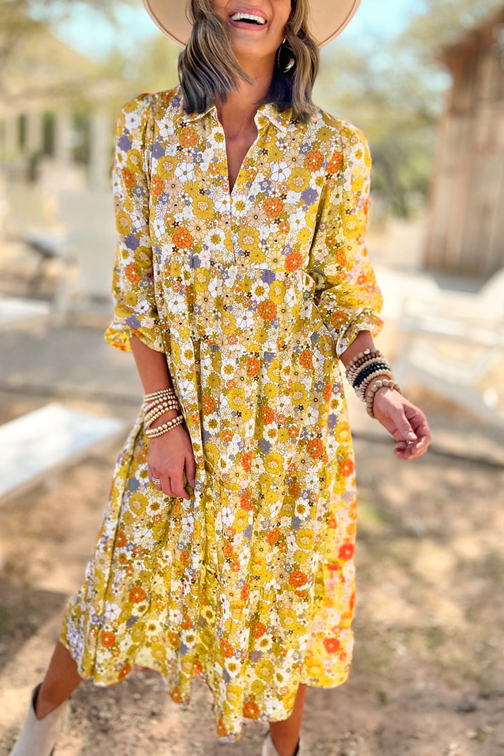 Multicolor Boho Floral Collared Long Sleeve Dress