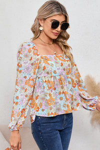 Orange Floral Square Neck Puff Sleeve Babydoll Blouse