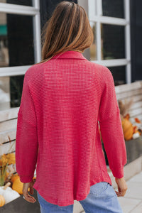 Hot Pink Pocket Buttons Front Waffle Knit Shacket