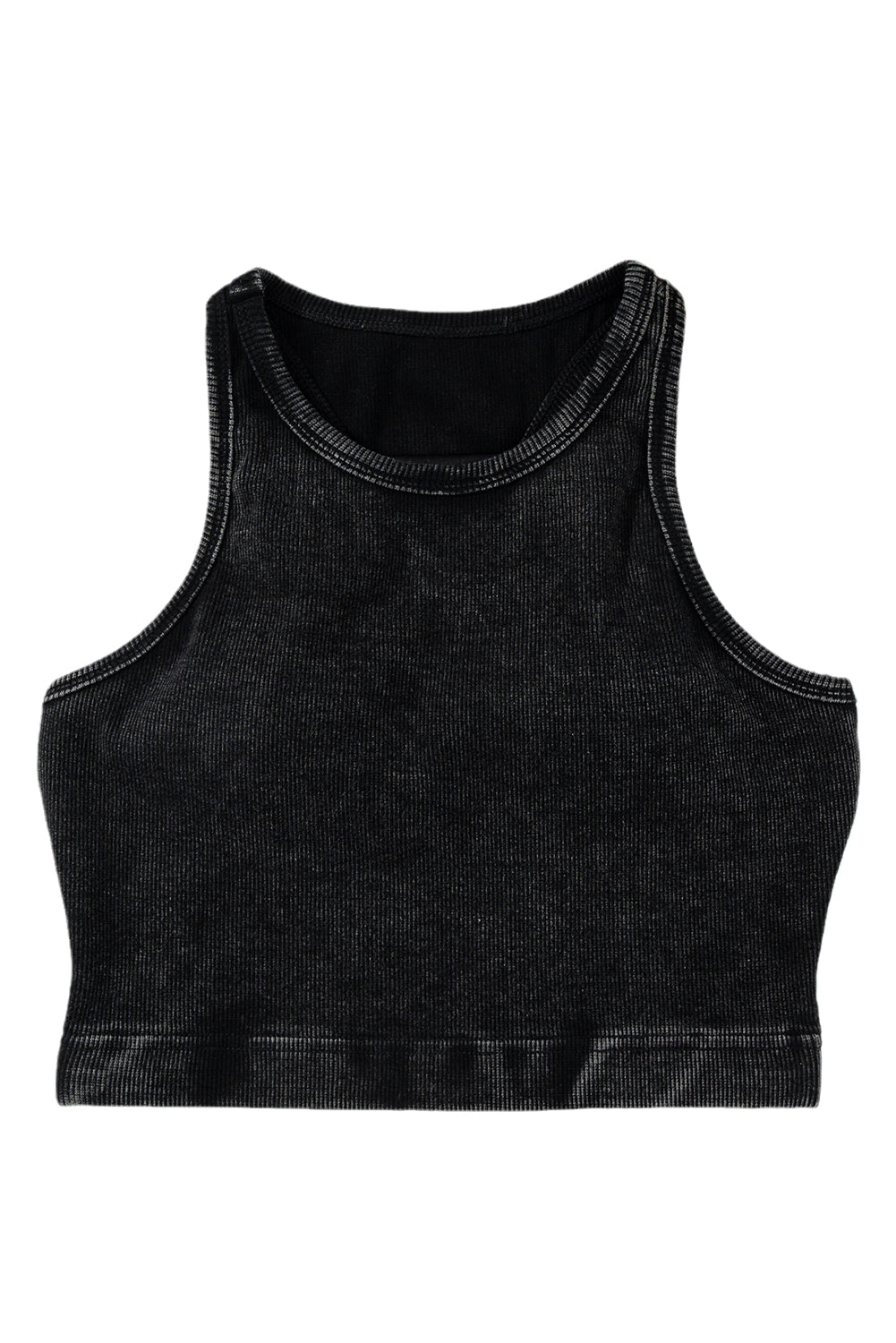 Black Ribbed Mineral Wash Racerback Cropped Tank Top