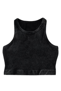 Black Ribbed Mineral Wash Racerback Cropped Tank Top