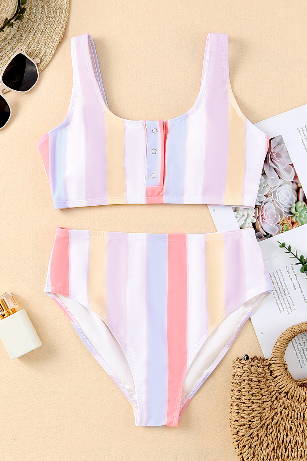 Striped Print Padded Snap Button Two Piece Swimsuit