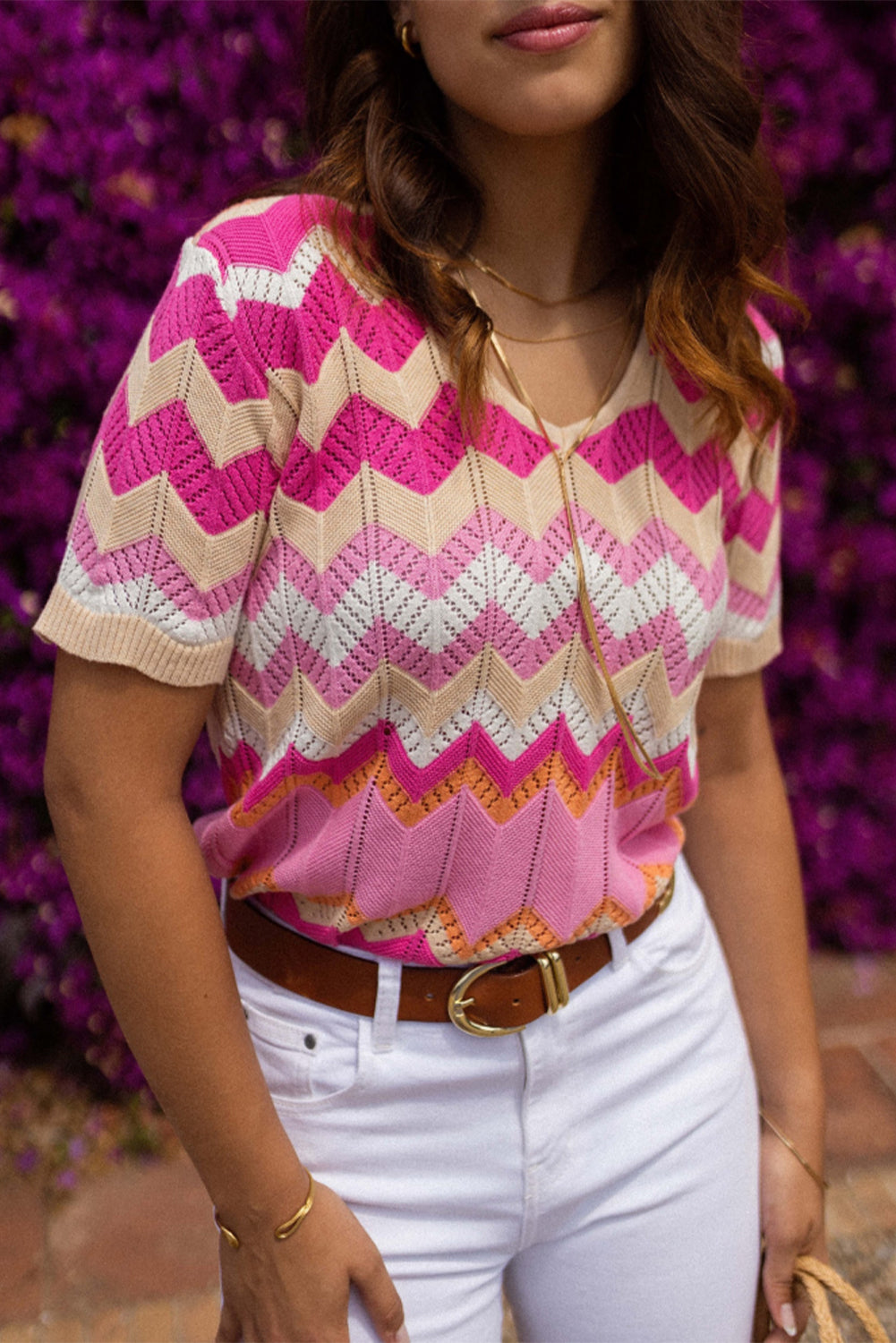 Pink Chevron Pattern Pointelled Knit V Neck Short Sleeve T-shirt