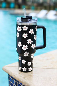 Parchment Floret Print Stainless Tumbler With Lid And Straw