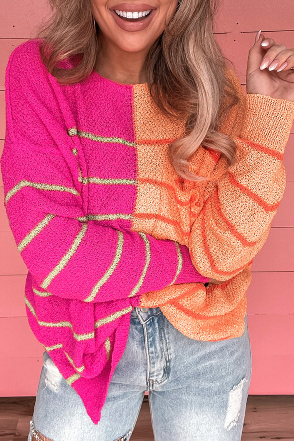 Multicolor Striped Color Block Loose Fit Knit Sweater