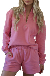 Pink Solid Color Zip Neck Sweatshirt and Shorts Set