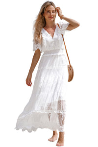 White Elegant Crochet Contrast Lace Maxi Dress