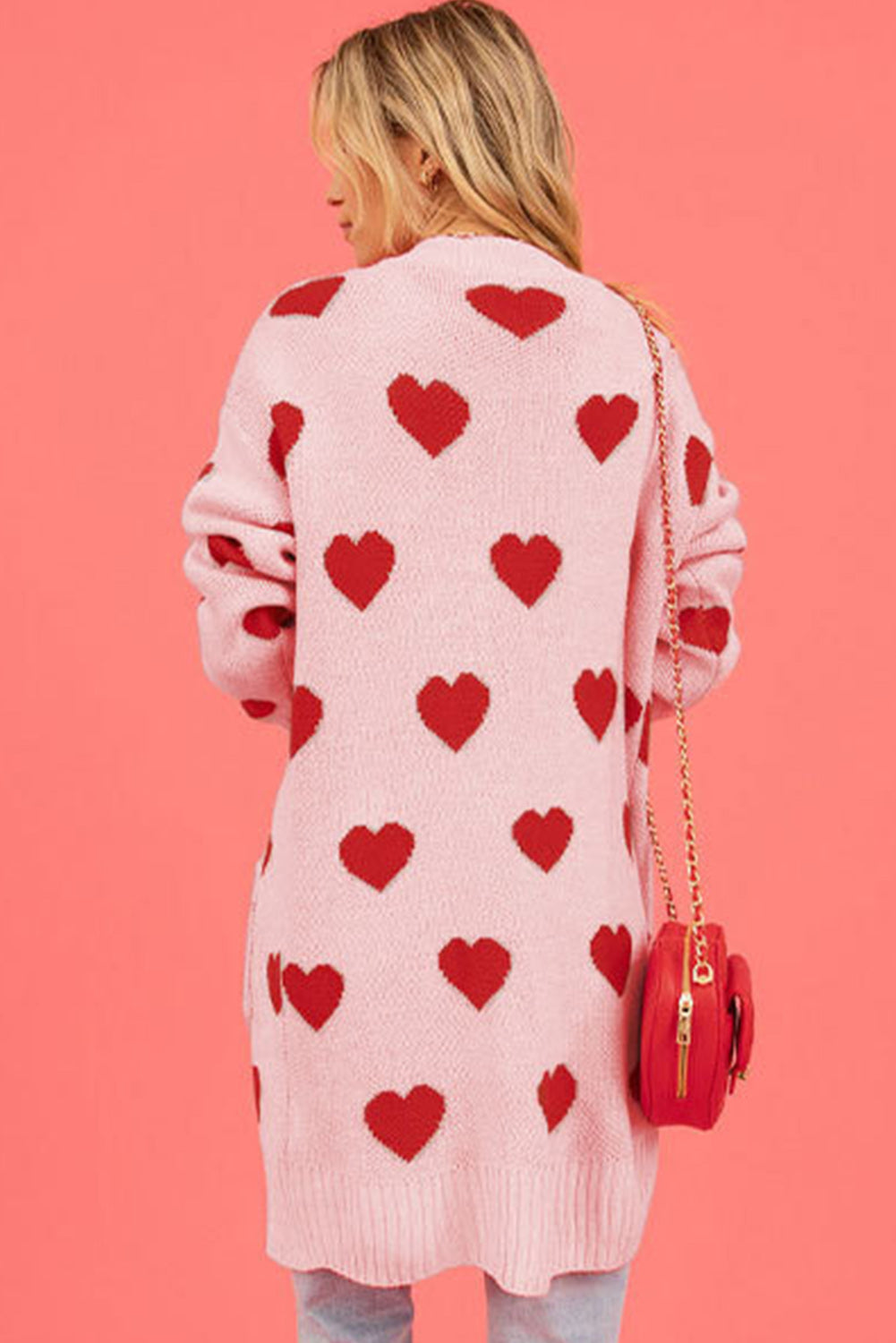 Light Pink Valentine s Day Heart Print Open Front Cardigan PINKCOLADA