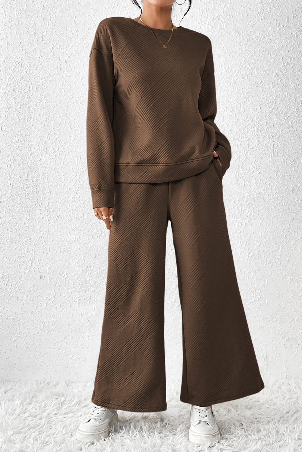 Apricot Textured Loose Slouchy Long Sleeve Top and Pants Set