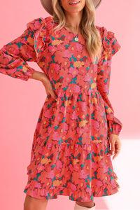 Rose Red Boho Floral Print Ruffle Tiered Mini Dress