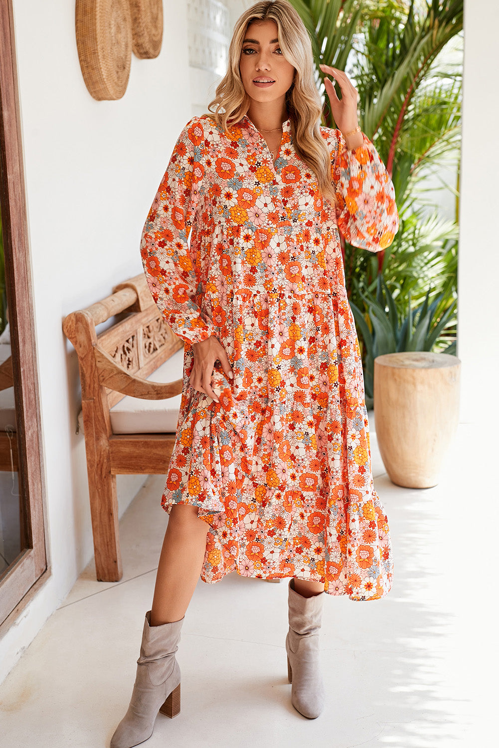 Multicolor Boho Floral Collared Long Sleeve Dress PINKCOLADA