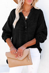 Sky Blue Loose Crinkle Button V Neck Henley Top