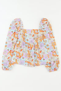 Orange Floral Square Neck Puff Sleeve Babydoll Blouse