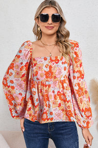 Orange Floral Square Neck Puff Sleeve Babydoll Blouse