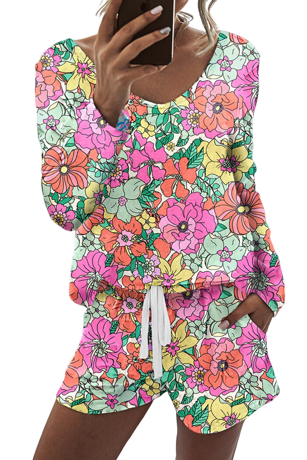 Multicolor Flower Long Sleeve Top & Drawstring Shorts Loungewear Set