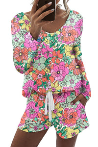 Multicolor Flower Long Sleeve Top & Drawstring Shorts Loungewear Set