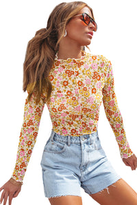 Multicolor Floral Frill Neck Boho Long Sleeve Blouse