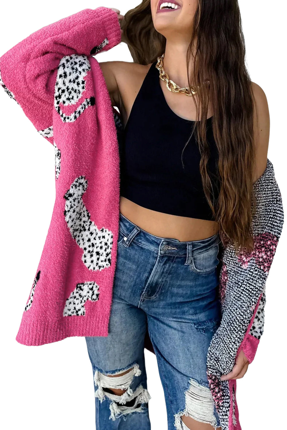 Rose Red Animal Print Open Front Cardigan