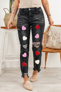 Black Chenille Heart Patch Graphic Ripped Washed Jeans