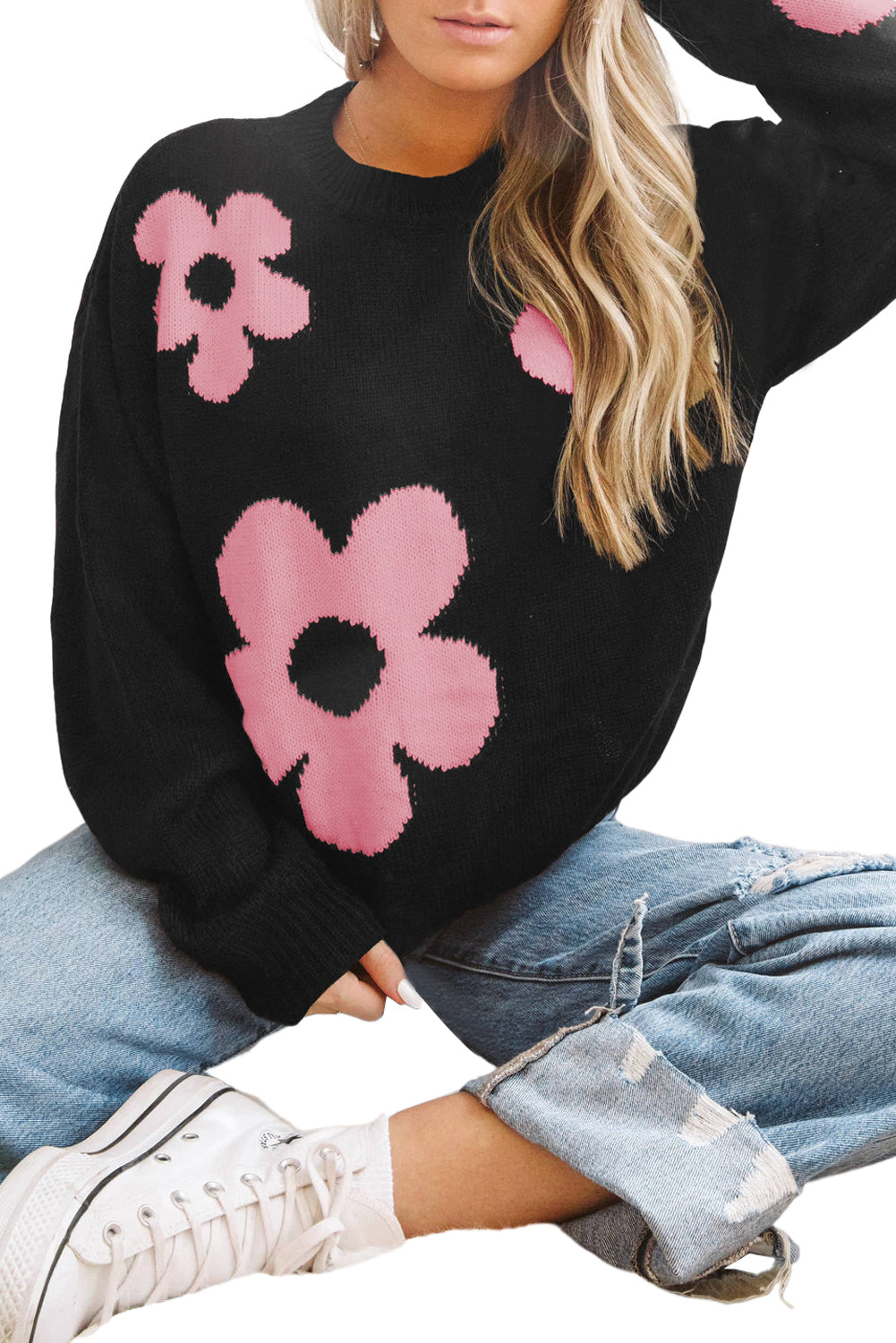 Black Flower Pattern Ribbed Trim Knit Round Neck Sweater