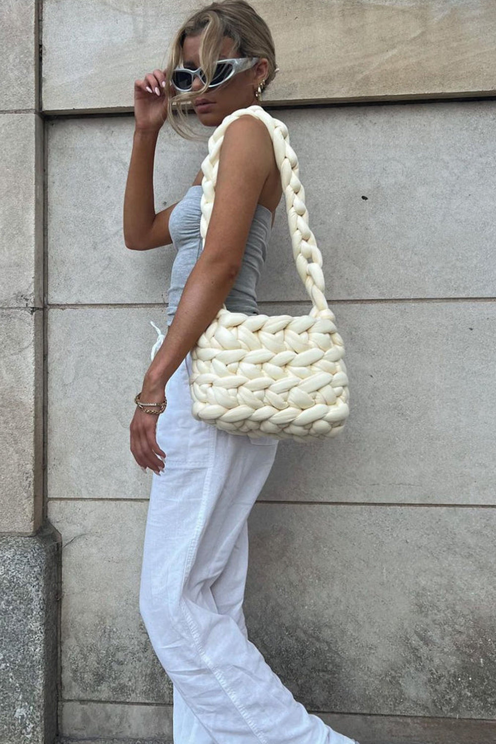 Beige Woven Large Single Shoulder Bag