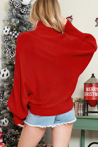 Red Turtle Neck Batwing Sleeve Merry Christmas Sweater