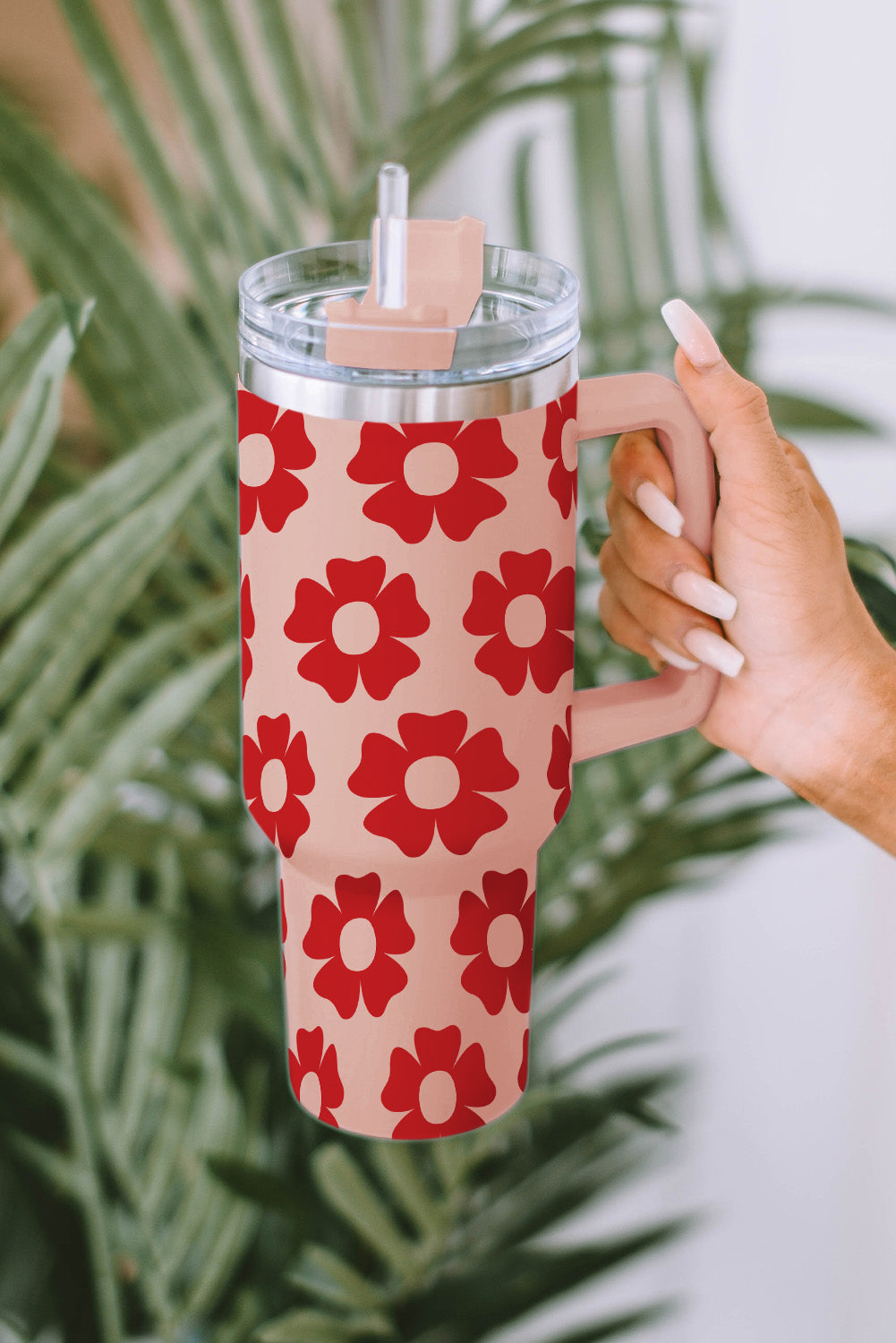 Red Floral Print 304 Stainless Handled Tumbler Cup with Straw