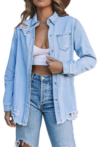 Light Blue Ripped Raw Hem Casual Button Up Denim Shacket