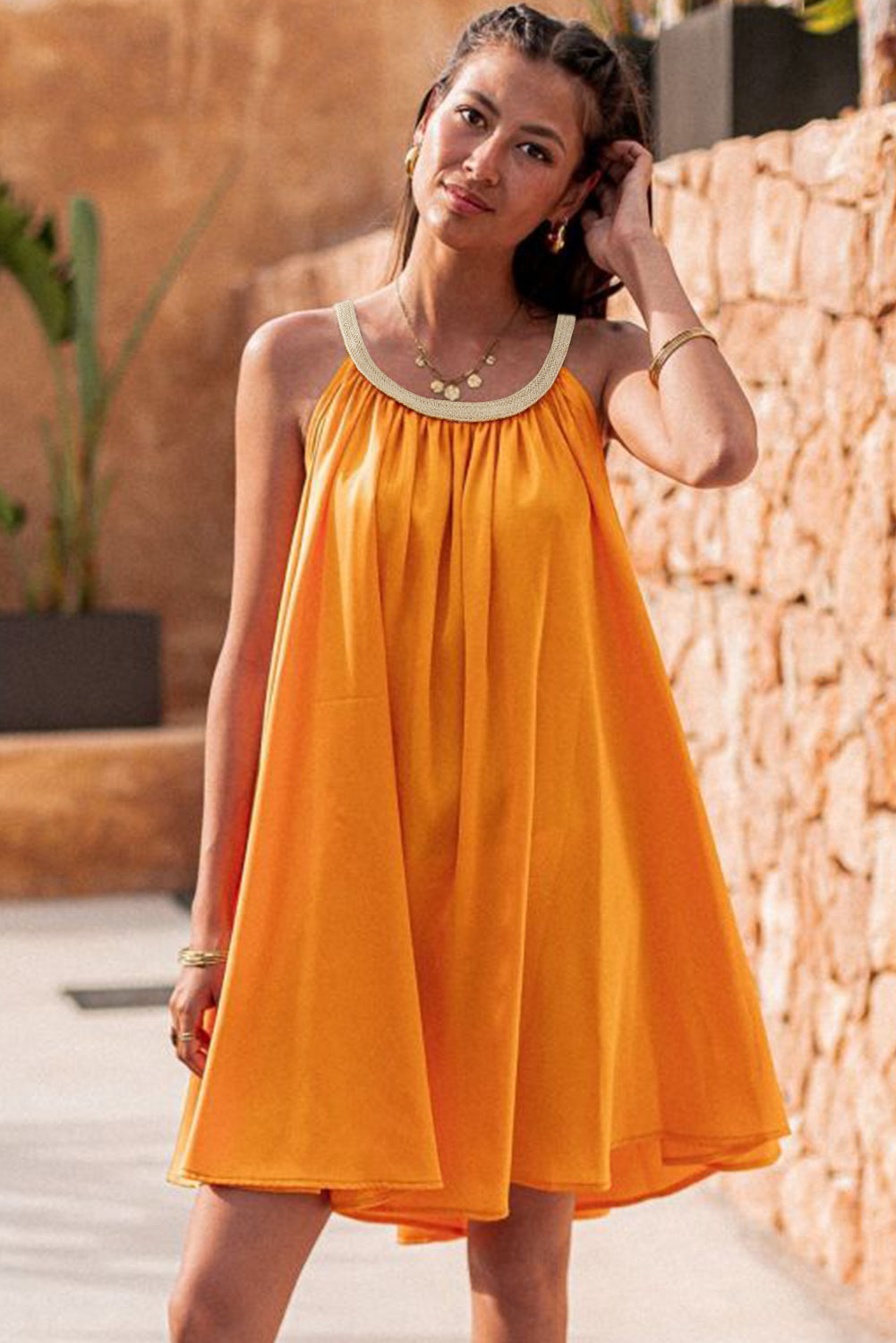 Vitality Orange Boho Woven Neckline Sleeveless Babydoll Dress