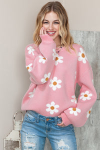 Apricot Floral Pattern Drop Shoulder Pullover Knit Sweater