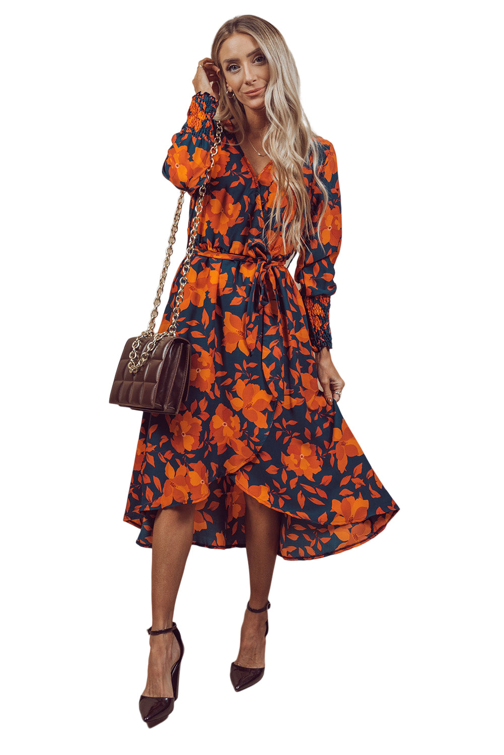 Orange Floral Print Wrap V Neck Belted Midi Dress