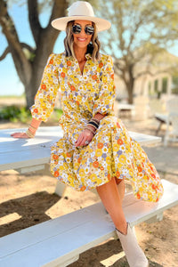 Multicolor Boho Floral Collared Long Sleeve Dress