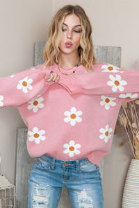 Apricot Floral Pattern Drop Shoulder Pullover Knit Sweater