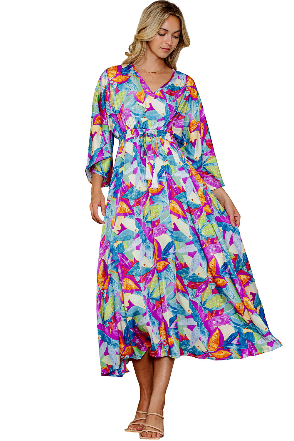 Multicolour Abstract Print High Waist V Neck Maxi Dress