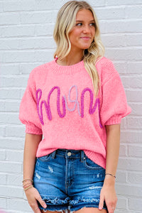 Pink Mom Letter Pattern Short Puff Sleeve Sweater