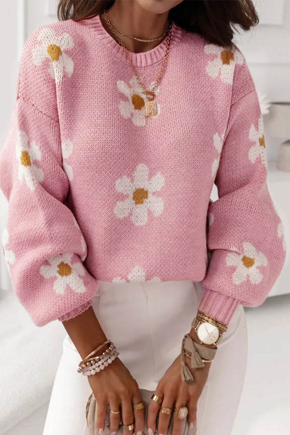 Apricot Floral Pattern Drop Shoulder Pullover Knit Sweater