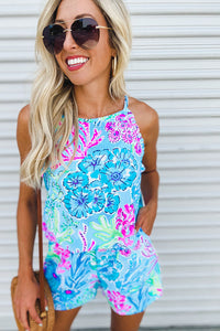 Marine Plants Printed Sleeveless Halter Neck Short Romper